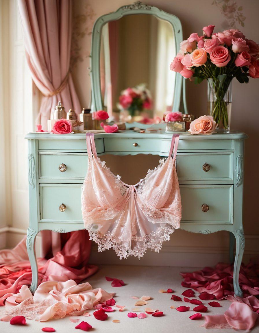 A beautifully arranged lingerie display featuring an array of delicate lace and silk pieces in various vibrant colors. Soft lighting illuminates the scene, highlighting the intricate details of each garment. In the background, a tasteful and elegant vanity adorned with luxurious accessories adds sophistication. A gentle touch of romantic ambiance is created with scattered rose petals and a hint of satin. elegant photography. vibrant colors. soft focus.