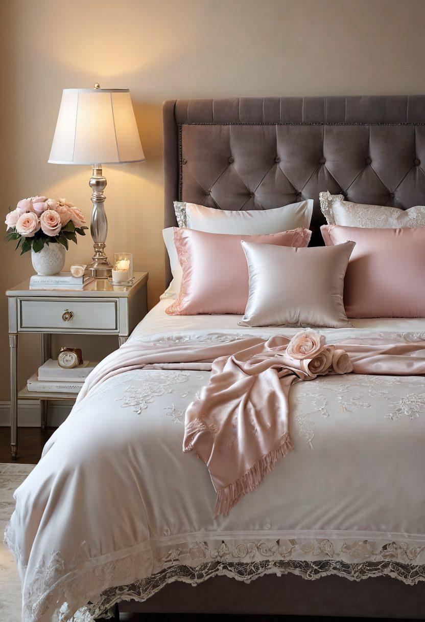 An intimate bedroom setting featuring elegant lingerie laid out on a plush, stylish bed. Soft, romantic lighting creates a warm atmosphere, highlighting delicate lace details and luxurious fabrics. Include a hint of feminine accessories like a silk robe and a bouquet of roses for an added touch of romance. The overall mood should evoke comfort and allure, perfect for daily wear. super-realistic. soft hues. intimate lighting.